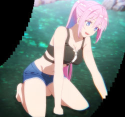 1girl absurdres anime_screenshot blue_eyes breasts cleavage collarbone denim denim_shorts hairdressing happy highres kawaii_dake_ja_nai_shikimori-san large_breasts navel open_mouth pink_hair ponytail river shikimori_miyako shorts sidelocks smile solo stitched stomach swimsuit thighs third-party_edit water rating:Sensitive score:72 user:PuttHutt