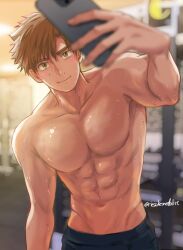  1boy akeuraji_tsukasa artist_name black_pants blonde_hair cellphone copyright_request gym highres male_focus medalist_(manga) mole mole_under_eye muscular muscular_male pants phone riesukemedalist smartphone smile sweat topless_male yellow_eyes 