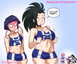 1boy 5girls ashido_mina asui_tsuyu black_hair black_sclera blush boku_no_hero_academia breasts chickpea_(chickpeansfw) colored_sclera colored_skin crop_top green_hair hagakure_toru horns jiro_kyoka large_breasts long_hair medium_support_(meme) meme mineta_minoru multiple_girls navel netorare pink_hair pink_skin ponytail purple_hair short_shorts shorts tight_clothes yaoyorozu_momo rating:Sensitive score:112 user:CovArd