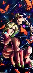  1boy 1girl absurdres black_coat black_hair black_hat blonde_hair blue_eyes braid bug butterfly chain coat commentary double_bun earrings english_commentary father_and_daughter foreshortening gakuran green_eyes green_hair green_lips green_nails hair_bun hat high_collar highres hug insect jewelry jojo_no_kimyou_na_bouken kuujou_jolyne kuujou_joutarou long_coat looking_at_viewer makeup multicolored_hair noonvincent orange_butterfly parted_bangs parted_lips peaked_cap pointing pointing_at_viewer school_uniform shooting_star sky star_(sky) star_(symbol) stardust_crusaders starry_sky stone_ocean stud_earrings teeth time_paradox twitter_username two-tone_hair 