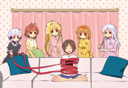  1boy 5girls :d :o :t air_(visual_novel) angel_beats! antenna_hair barefoot black_dress blonde_hair blue_eyes bound bow brown_eyes brown_hair clannad closed_mouth commentary couch cowboy_shot criss-cross_halter crossover dress facing_viewer furukawa_nagisa hair_bow hair_intakes hair_ornament hairband hairclip halterneck highres indian_style indoors jitome kaginado kamio_misuzu kanon key_(company) little_busters! lliissaawwuu2 long_hair long_ribbon long_sleeves medium_hair multiple_crossover multiple_girls naoe_riki on_couch open_mouth pajamas pillow ponytail puffy_short_sleeves puffy_sleeves purple_eyes red_eyes red_hairband red_ribbon rewrite ribbon shirt short_hair short_sleeves sidelocks sitting smile standing straight_hair sweatdrop tenshi_(angel_beats!) tied_up_(nonsexual) tsukimiya_ayu very_long_hair white_bow white_hair white_shirt wide_shot yellow_eyes 
