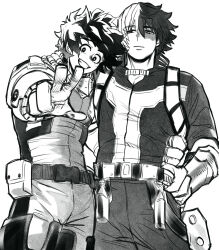  2boys absurdres belt boku_no_hero_academia burn_scar closed_mouth commentary cowboy_shot freckles greyscale hand_on_own_hip highres looking_at_viewer male_focus midoriya_izuku monochrome multicolored_hair multiple_boys one-armed_hug scar scar_on_face short_hair side-by-side smile split-color_hair superhero_costume todoroki_shoto two-tone_hair utility_belt v zazaraza33 