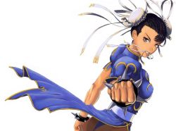  1girl black_hair bracelet breasts brown_eyes bun_cover capcom china_dress chinese_clothes chun-li clenched_hands double_bun dress earrings eyelashes female_focus hair_bun hair_ribbon jewelry lips medium_breasts mouth_hold nekkeau pantyhose pelvic_curtain reversed ribbon sash short_hair solo spiked_bracelet spikes street_fighter third-party_edit 