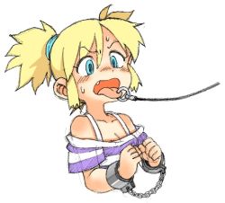 1girl bdsm blonde_hair blue_eyes bondage bound chain cuffs handcuffs oyatsu_(mk2) piercing shackles shirt short_hair striped_clothes striped_shirt tongue tongue_leash tongue_out tongue_piercing twintails rating:Questionable score:40 user:buuda