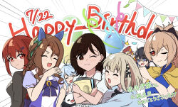  6+girls absurdres animal_ears balloon blonde_hair blue_hair book brown_hair character_request cinderella_series copyright_request ear_covers gero_mitsuki hachigatsu_no_cinderella_nine happy_birthday highres hnkn_hkr holding holding_book horse_ears kamata_kimie king_halo_(umamusume) kurashiki_maiko looking_at_viewer menou_(virgin_road) multiple_girls ojou-sama_pose onsen_musume ore_wo_suki_nano_wa_omae_dake_ka_yo purple_eyes red_eyes red_hair saeki_iori school_uniform shokei_shoujo_no_virgin_road short_hair smile tracen_school_uniform umamusume voice_actor_connection 
