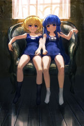 2girls absurdres backlighting black_hairband black_socks blonde_hair blue_hair blue_one-piece_swimsuit blunt_bangs bob_cut breasts chair collarbone commentary daible full_body furude_rika hairband highres higurashi_no_naku_koro_ni hime_cut houjou_satoko indoors long_hair looking_at_viewer multiple_girls name_tag old_school_swimsuit one-piece_swimsuit parted_lips purple_eyes school_swimsuit short_hair sidelocks sitting small_breasts smile socks strap_slip swimsuit translated white_socks window wooden_floor rating:Sensitive score:46 user:danbooru