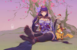  1girl absurdres bird_mask braid crossed_legs feet flower foot_focus full_body gen_1_pokemon genshin_impact highres japanese_clothes kimono kujou_sara legs long_hair looking_at_viewer low-braided_long_hair low-tied_long_hair mask mumuy nintendo no_shoes pikachu pokemon purple_eyes purple_flower purple_hair purple_kimono purple_nails purple_thighhighs raiden_shogun soles thighhighs toes 
