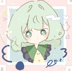  1girl border closed_mouth dot_mouth green_eyes green_hair heart heart_in_eye highres komeiji_koishi looking_at_viewer pink_border portrait solo symbol_in_eye tensei_uru touhou 