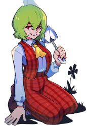  1girl ascot collared_shirt flower full_body green_hair hair_between_eyes highres holding holding_umbrella iganashi1 kazami_yuuka long_sleeves looking_at_viewer looking_to_the_side one-hour_drawing_challenge open_clothes open_vest over_shoulder pants parasol plaid_clothes plaid_pants plaid_vest raised_eyebrow red_eyes red_pants red_vest seiza shadow shirt shoes short_hair silhouette simple_background sitting smile solo touhou umbrella vest wavy_hair white_background white_shirt yellow_ascot 