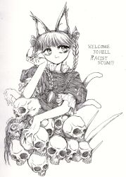  1girl animal_ears braid cat_ears cat_girl closed_mouth commentary_request corpse english_text extra_ears greyscale highres kaenbyou_rin long_hair monochrome schizos_dq short_sleeves side_braids simple_background skull touhou traditional_media twin_braids upper_body 