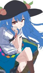  1girl black_hat blue_hair blue_skirt boots closed_mouth commentary_request hat highres hinanawi_tenshi kaname-ishi long_hair looking_at_viewer nise6 peach_hat_ornament red_eyes short_sleeves simple_background sitting skirt solo touhou white_background 