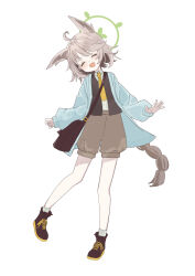  animal_ears blue_archive blue_cardigan blush brown_hair brown_shorts cardigan closed_eyes collared_shirt fox_ears fox_girl green_halo halo high_tops inaba_reito long_braid necktie open_mouth otogi_(blue_archive) shirt shoes shorts simple_background sneakers vest yellow_necktie 