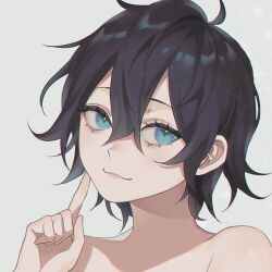  1girl 23i2ko :3 ahoge black_hair blue_background blue_eyes double-parted_bangs hair_between_eyes hand_on_own_chin index_finger_raised looking_at_viewer messy_hair no_shirt original portrait short_hair simple_background solo 