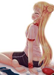 1girl ass ball bare_legs barefoot bike_shorts black_legwear black_shorts blonde_hair blush breasts butt_crack closed_eyes commentary_request crying female_focus from_behind full_body hair_bun hair_ornament hairclip highres kin-iro_mosaic kujou_karen long_hair long_sleeves medium_breasts minato_ojitan open_mouth paddle plantar_flexion shadow shirt shorts side_bun sidelocks single_hair_bun single_side_bun sitting socks solo sweatband t-shirt table_tennis_ball table_tennis_paddle tears unworn_socks wariza wavy_mouth white_background white_shirt x_hair_ornament rating:Sensitive score:17 user:danbooru
