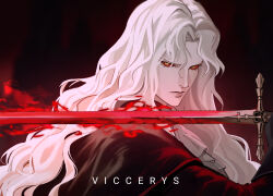  1boy alucard_(castlevania) ascot black_background black_jacket castlevania_(netflix) castlevania_(series) colored_sclera flaming_sword flaming_weapon grey_lips hair_between_eyes highres holding holding_sword holding_weapon jacket long_hair looking_at_viewer male_focus pale_skin parted_bangs red_sclera solo sword upper_body viccerys wavy_hair weapon white_ascot white_hair yellow_eyes 