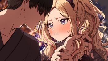  1boy 1girl absurdres black_hair blonde_hair blush covered_eyes faceless faceless_male gakuen_idolmaster highres holding_another&#039;s_hair holding_another&#039;s_wrist idolmaster japanese_clothes juo_sena kasasagi_(futagodori888) kimono long_hair looking_at_another multicolored_hair pink_hair ponytail pout producer_(idolmaster) purple_eyes short_hair sidelocks streaked_hair sweatdrop yukata 