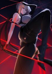  1girl absurdres arm_strap armpit_peek ass asymmetrical_gloves black_background black_gloves black_pants blonde_hair braid braided_bun breasts ear_piercing earrings elbow_gloves evelyn_chevalier gloves hair_bun high-waist_pants high_heels highres jewelry large_breasts latex_pants long_hair looking_at_viewer pants piercing purple_eyes red_background revision shirt sleeveless sleeveless_shirt solo standing string tatsuto_(vhrd8737) tight_clothes tight_pants uneven_gloves white_shirt zenless_zone_zero 