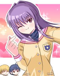  1girl 2boys ;) absurdres black_hair blonde_hair blue_eyes blush chibi chibi_inset clannad closed_mouth commentary double_v eyes_visible_through_hair finger_heart floating_hair fujibayashi_kyou grin hair_intakes hair_ribbon hand_up heart highres hikarizaka_private_high_school_uniform jacket long_hair long_sleeves looking_at_another looking_at_viewer multiple_boys okazaki_tomoya one_eye_closed pink_background purple_eyes purple_hair ribbon sailor_collar school_uniform selfie serafuku shake_(pixiv_75845198) short_hair sidelocks simple_background smile smug solo_focus sparkle split_mouth sunohara_youhei tress_ribbon upper_body v v-shaped_eyebrows white_ribbon white_sailor_collar yellow_jacket 