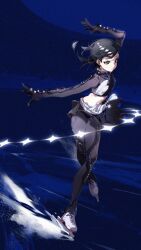  1girl arm_up black_hair figure_skating full_body highres ice_skates inseki11 medalist_(manga) okazaki_iruka outstretched_arm skates solo star_(symbol) 