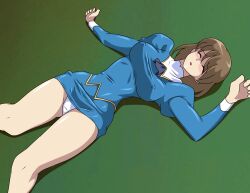  1girl agent_aika aika_(series) blue_delmo breasts closed_eyes delmo highres kuroyoshi lying on_back panties unconscious underwear white_panties  rating:Questionable score:2 user:somnophil