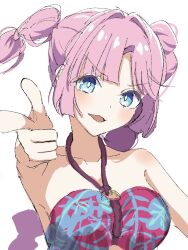  1girl :d anyoji_hime anyoji_hime_(c106_swimsuit) arm_up armpit_crease bare_shoulders blue_eyes breasts comiket_106 finger_gun hair_intakes halterneck large_breasts link!_like!_love_live! looking_at_viewer love_live! multi-tied_hair official_alternate_costume open_mouth pointing pointing_at_viewer seaus smile solo twintails upper_body v-shaped_eyebrows 