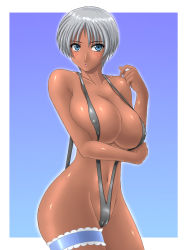  1girl blue_eyes blush breast_hold breasts cameltoe covered_erect_nipples dark-skinned_female dark_skin female_focus frilled_thigh_strap huge_breasts large_breasts makoto_(mk10) original short_hair slingshot_swimsuit solo swimsuit thigh_strap white_hair  rating:Questionable score:45 user:danbooru