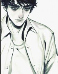  1boy 23i2ko art_program_in_frame bags_under_eyes black_eyes black_hair blank_stare coat commentary curly_hair english_commentary greyscale monochrome original popped_collar shirt short_hair simple_background solo upper_body white_background white_coat white_shirt 