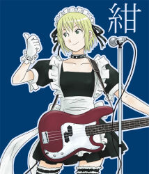  1girl apron black_dress blonde_hair blue_background choker collarbone dress electric_guitar frilled_apron frilled_garter_belt frilled_gloves frilled_headwear frills gloves green_eyes guitar holding holding_guitar holding_instrument instrument kon_futaba looking_to_the_side maid maid_apron maid_headdress microphone microphone_stand nero_(gahaku) outline short_hair smile solo soredemo_machi_wa_mawatteiru spiked_choker spikes square_neckline white_apron white_gloves wire  rating:General score:3 user:danbooru