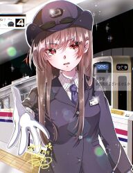 1girl black_hair black_jacket brown_hair gloves goslingwallows hat heaven_burns_red highres jacket long_hair necktie red_eyes shirt sidelocks solo train train_attendant travel_attendant white_gloves white_shirt yanagi_mion 