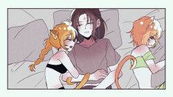  1boy 2girls animal_ears bare_shoulders bed black_bra black_hair black_panties blush bra braid breasts cat_ears cat_girl cat_tail closed_eyes commission commissioner_upload facepaint facial_mark fire_emblem fire_emblem:_path_of_radiance fire_emblem:_radiant_dawn forehead_mark hair_between_eyes lethe_(fire_emblem) locked_arms lyre_(fire_emblem) multiple_girls nintendo on_bed open_mouth orange_hair orange_tail panties passport_herb pillow purple_eyes shirt siblings sisters sleeping small_breasts soren_(fire_emblem) sweat t-shirt tail tail_wrap twins underwear whisker_markings 