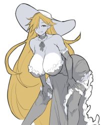 1girl :q absurdly_long_hair bare_shoulders black_dress black_gloves black_thighhighs blonde_hair blush borrowed_character breast_lift breasts brown_eyes cleavage commentary curvy detached_collar dress elbow_gloves eu03 facing_viewer feet_out_of_frame female_focus frilled_thigh_strap gloves hair_over_one_eye hands_on_own_thighs hat huge_breasts leaning_forward licking_lips long_dress long_hair looking_at_viewer lucretia_(doctor_masube) no_bra original slit_pupils solo standing strapless strapless_dress sun_hat thigh_strap thighhighs tongue tongue_out very_long_hair rating:Sensitive score:147 user:danbooru