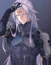  1boy armor black_gloves blue_eyes blue_gloves calcharo_(wuthering_waves) chest_harness colored_eyelashes commentary compression_shirt covered_abs covered_collarbone em_(05emm) english_commentary eyelashes facial_mark forehead_mark gloves grey_background grey_shirt hand_in_own_hair hand_up harness highres long_hair looking_at_viewer male_focus parted_bangs parted_lips pectorals serious shirt shoulder_armor sidelocks simple_background solo tacet_mark_(wuthering_waves) two-tone_gloves upper_body v-shaped_eyebrows very_long_hair white_hair wuthering_waves  rating:General score:5 user:danbooru
