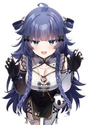  1girl absurdres ahoge asymmetrical_legwear asymmetrical_sleeves black_dress black_gloves black_nails black_skirt black_sleeves blue_hair braid breasts china_dress chinese_clothes claw_pose cleavage cleavage_cutout clothing_cutout detached_sleeves dress gloves green_eyes hair_rings highres indie_virtual_youtuber jitome large_breasts light_blush long_hair mismatched_sleeves pelvic_curtain second-party_source simple_background single_fishnet_legwear single_leg_pantyhose siokazunoko skirt sleeveless solo thigh_strap twin_braids two-tone_dress v-shaped_eyebrows very_long_hair virtual_youtuber white_background white_dress white_sleeves yayamugi_(vtuber) 