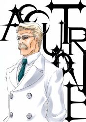  1boy alpen_no_koyari aqua_necktie bleach bleach:_sennen_kessen-hen blonde_hair brown_eyes buttons character_name closed_mouth collared_shirt commentary double-breasted facial_hair forehead glasses grey-framed_eyewear highres jacket kubo_tite_(style) long_sleeves looking_at_viewer male_focus military_uniform mustache necktie nose official_style old old_man plaid_clothes plaid_necktie rectangular_eyewear robert_accutrone shirt short_hair simple_background solo sunken_cheeks upper_body white_background white_jacket white_shirt 