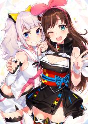 2girls :d black_dress blue_eyes breasts brown_hair cleavage cleavage_cutout clothing_cutout commentary_request cosplay costume_switch cowboy_shot detached_sleeves dress fingernails grin hands_up heart highres kaguya_luna kaguya_luna_(character) kaguya_luna_(character)_(cosplay) kizuna_ai kizuna_ai_(1st_costume) kizuna_ai_(cosplay) kizuna_ai_inc. lace lace-trimmed_legwear lace_trim large_breasts long_hair long_sleeves mika_pikazo multicolored_hair multiple_girls navel obi one_eye_closed open_mouth pink_hair red_legwear round_teeth sash shirt short_dress short_shorts shorts silver_hair sleeveless sleeveless_dress sleeveless_shirt sleeves_past_wrists smile star_(symbol) streaked_hair teeth the_moon_studio thighhighs twintails upper_teeth_only v v-shaped_eyebrows very_long_hair virtual_youtuber white_legwear white_shirt white_shorts