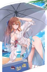  1girl absurdres beach_umbrella bikini blue_sarong blue_sky breasts brown_hair centaureissi_(girls&#039;_frontline_2) character_sticker cleavage cloud commentary g36_(girls&#039;_frontline) girls&#039;_frontline girls&#039;_frontline_2:_exilium green_eyes hair_rings hand_on_own_head highres long_sleeves looking_at_viewer mabelbot makiatto_(girls&#039;_frontline_2) mixed-language_commentary navel open_mouth ponytail red-tinted_eyewear sarong sharkry_(girls&#039;_frontline_2) sky solo springfield_(girls&#039;_frontline) springfield_(girls&#039;_frontline_2) stomach sunglasses swimsuit tinted_eyewear umbrella unworn_eyewear wa2000_(girls&#039;_frontline) white_bikini 