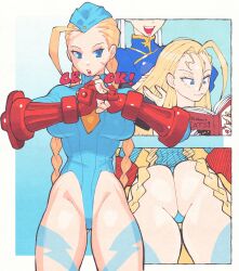  2girls ass blonde_hair blue_eyes braid breasts cammy_white capcom chun-li english_text gauntlets highres huge_ass inkerton-kun legs leotard multiple_girls multiple_views ribbed_leotard street_fighter street_fighter_zero street_fighter_zero_(series) 