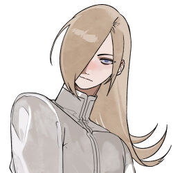  1boy :| androgynous blue_eyes closed_mouth collared_shirt hair_behind_ear hair_over_one_eye hexermer high_collar highres long_hair looking_at_viewer male_focus one_eye_covered parted_hair saiki_(kof) shirt simple_background solo the_king_of_fighters the_king_of_fighters_xiii upper_body white_background white_shirt 