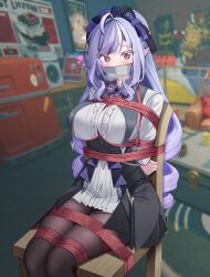  1girl absurdres ahoge arms_behind_back aroused bdsm blush bondage bound bound_arms bound_legs bound_thighs bound_torso bow breast_bondage breasts bt_(3212637) chair dress drill_hair frills gag gagged heart highres improvised_gag large_breasts long_hair long_sleeves looking_at_viewer mole mole_under_eye on_chair paid_reward_available pantyhose pointy_ears purple_hair red_eyes red_rope restrained rope shibari shibari_over_clothes short_dress solo tape tape_gag tied_to_chair very_long_hair vivian_banshee zenless_zone_zero 