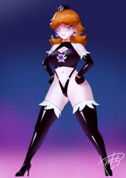  alternate_costume bare_shoulders black_gloves boots breasts brown_hair cleavage colored_skin corruption crown dark_persona earrings elbow_gloves evil_grin evil_smile extra_eyes flipped_hair gloves grin high_collar high_heel_boots high_heels highres jewelry leather_footwear mario_(series) medium_hair midriff mind_control navel nintendo pink_skin princess_daisy purple_eyes smile thick_thighs thigh_boots thighs thong yami-mochi 