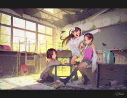 3girls :q ;d absurdres bdsm black_eyes black_footwear black_legwear boots brown_hair camisole chair choker classroom closed_mouth commentary_request cuffs dated demon_tail full_body green_shorts green_theme grey_eyes grey_sweater hair_ornament hairclip handcuffs highres indoors letterboxed loli long_hair long_sleeves looking_at_viewer miyu_(tiny_evil) muk_(monsieur) multiple_girls on_floor one_eye_closed open_mouth outstretched_arm photoshop_(medium) pink_camisole pink_shoes roomscape sana_(tiny_evil) sexually_suggestive shoes short_hair shorts signature sitting smile standing standing_on_one_leg sweater tail teeth thighhighs tiny_evil tongue tongue_out upper_teeth_only yuu_(tiny_evil) rating:Sensitive score:134 user:danbooru