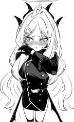  1girl ahoge black_gloves black_skirt black_thighhighs blue_archive blush breasts coat coat_on_shoulders demon_girl demon_horns demon_wings gloves halo highres hina_(blue_archive) horns kimleon long_hair looking_at_another monochrome simple_background skirt small_breasts solo standing thighhighs white_background white_hair wings 