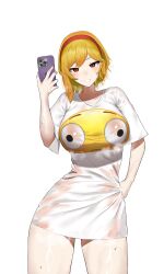  1girl asymmetrical_hair blonde_hair breasts cellphone cowboy_shot curvy flushed_face_emoji flushed_face_emoji_shirt_(meme) grin hairband highres holding holding_phone hololive hololive_indonesia kaela_kovalskia large_breasts legs_apart long_shirt looking_at_viewer meme mulhubs naked_shirt narrow_waist phone print_shirt red_eyes red_hairband see-through_clothes see-through_shirt selfie shirt short_hair short_sleeves simple_background smartphone smile solo sweat sweaty_clothes t-shirt taut_clothes taut_shirt thick_thighs thighs very_sweaty virtual_youtuber wet wet_clothes white_background white_shirt wide_hips 
