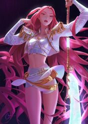  1girl artnikita crop_top cropped_jacket dark_background epaulettes glowing glowing_weapon highres holding holding_polearm holding_weapon jacket kpop_demon_hunters long_hair mira_(kpop_demon_hunters) naginata parted_lips pink_hair polearm red_lips sash short_shorts shorts solo thighs very_long_hair waist_sash weapon white_jacket white_shorts 