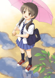1girl bad_id bad_pixiv_id brown_hair female_focus kuro_(chrono) light_rays necktie panties pantyshot parasol reflection skirt smile solo sunbeam sunlight twintails umbrella underwear uniform upskirt rating:Sensitive score:6 user:danbooru