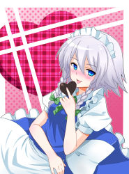  1girl blue_eyes blush braid candy chocolate chocolate_heart dezuko_(dezuko_no_heya) female_focus food frills heart heart_chocolates highres izayoi_sakuya maid_ane_(maoyuu) maid_headdress silver_hair solo tongue tongue_out touhou twin_braids 