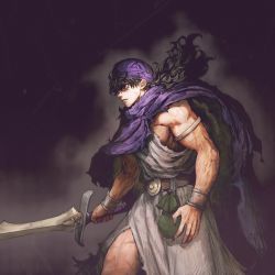 1boy ancient_greek_clothes black_hair blue_eyes cape chiton dragon_quest dragon_quest_v hero_(dq5) highres holding holding_sword holding_weapon jun_(navigavi) male_focus manly solo square_enix sword turban weapon rating:Sensitive score:10 user:danbooru