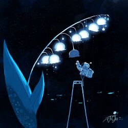  1other absurdres arm_up artist_name commentary fish flower flying_fish from_side gloves glowing glowing_flower highres holding_light_bulb kazunoko_(kazunoko_zunoco) ladder leaf light_bulb lily_of_the_valley looking_up mini_person night night_sky original radio_antenna signature sky solo standing star_(sky) starry_sky stepladder white_flower white_gloves 