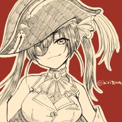  1girl bare_shoulders bicorne breasts brown_outline closed_mouth commentary_request eyepatch hat highres hololive houshou_marine houshou_marine_(1st_costume) jacket kiritoma leotard leotard_under_clothes long_hair looking_at_viewer medium_breasts off_shoulder open_clothes open_jacket outline red_background sleeveless sleeveless_jacket smile solo twintails twitter_username upper_body virtual_youtuber 