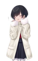  1girl black_hair black_serafuku blush closed_eyes coat commentary_request fur_trim highres na-ga open_mouth original pantyhose school_uniform serafuku short_hair simple_background skirt sleeves_past_wrists smile solo white_background white_coat white_pantyhose 